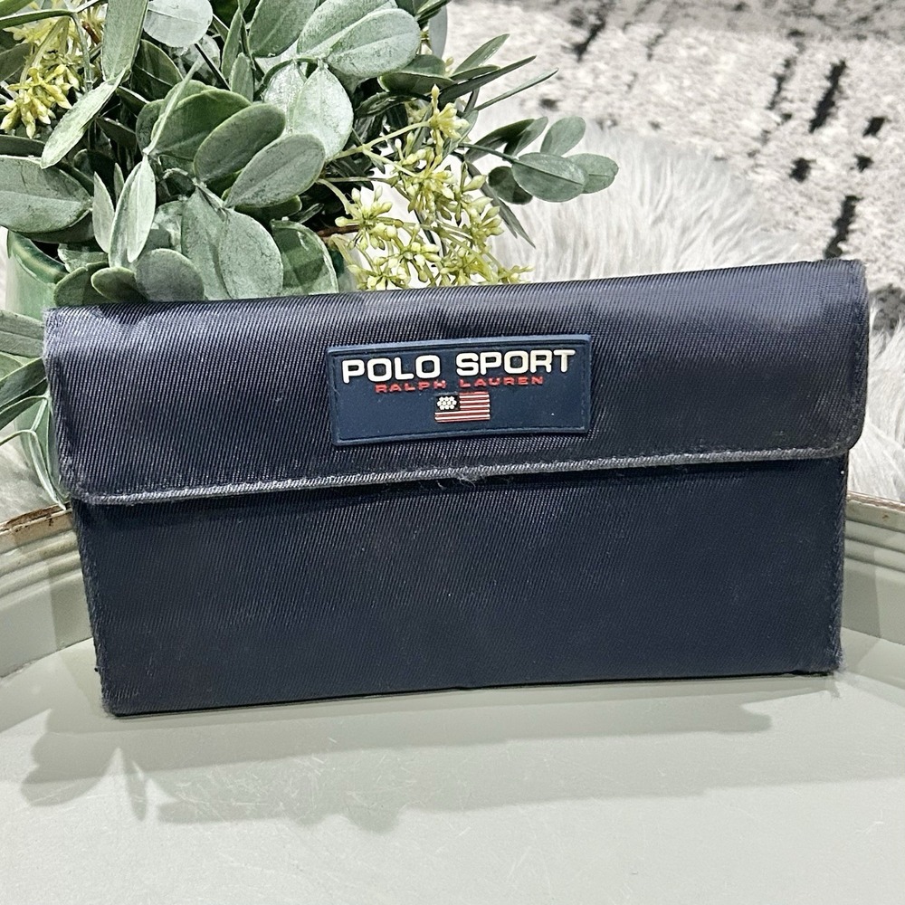 POLO SPORT RALPH LAUREN Navy Nylon Bi-fold Flap Wallet 90's Vintage 8"x 5"